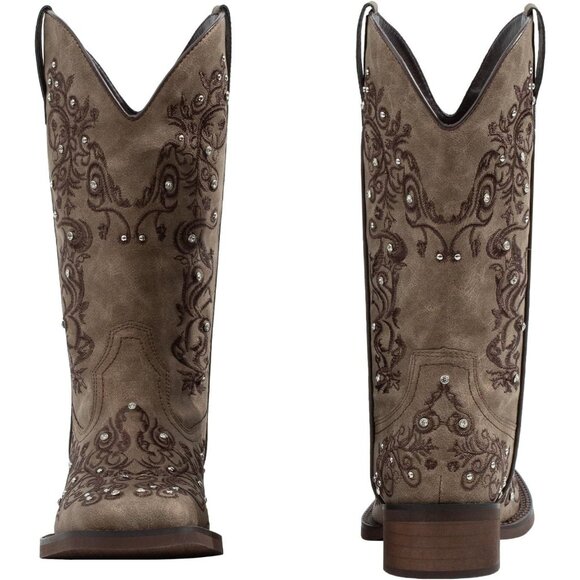 SheSole Womens Brown Fashion Rhinestone Mid Calf Faux Square Toe Cowgirl Boots - Picture 2 of 7